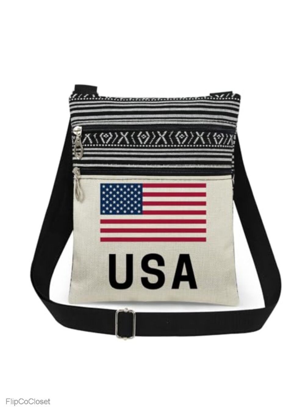 USA Flag Crossbody Bag Adjustable Strap Double Layer Zipper Messenger